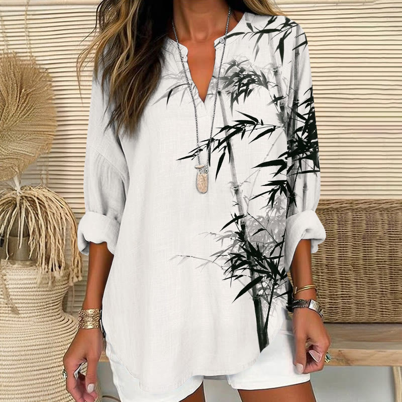 Retro Ink Painting Bamboo Forest Zen Pattern Print V Neck Long Sleeve Blouse - White - 8XL - image 1