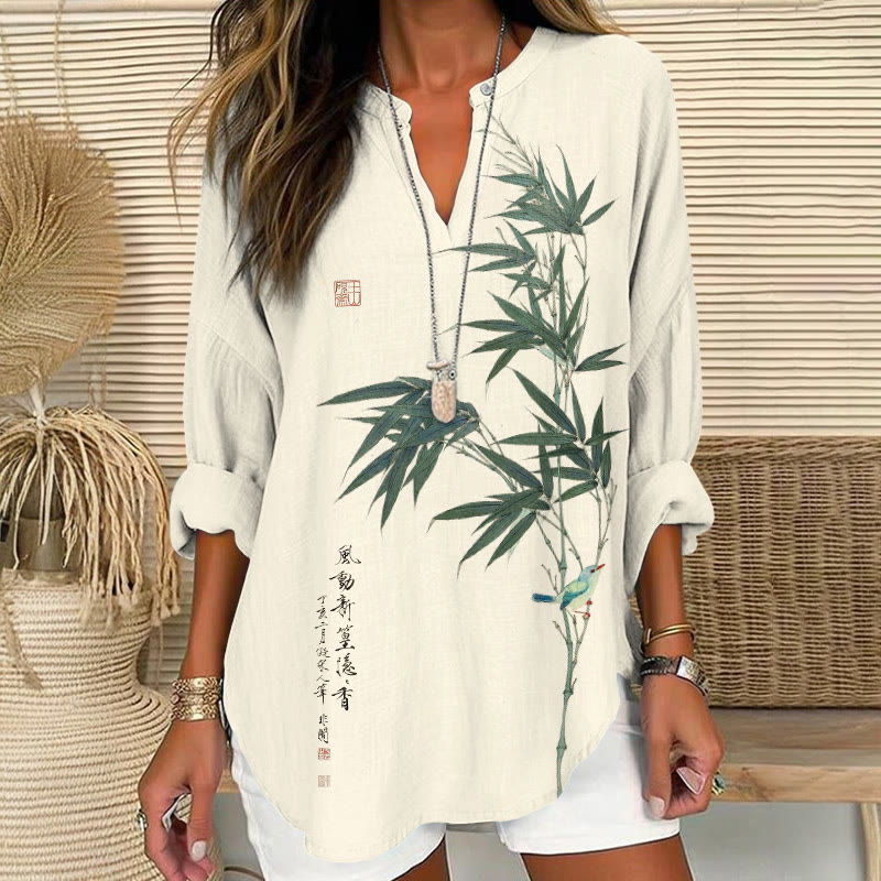  Retro Poetry And Bamboo Leaf Ink Painting Pattern Print V Neck Long Sleeve Blouse - Apricot - 8XL - image 1