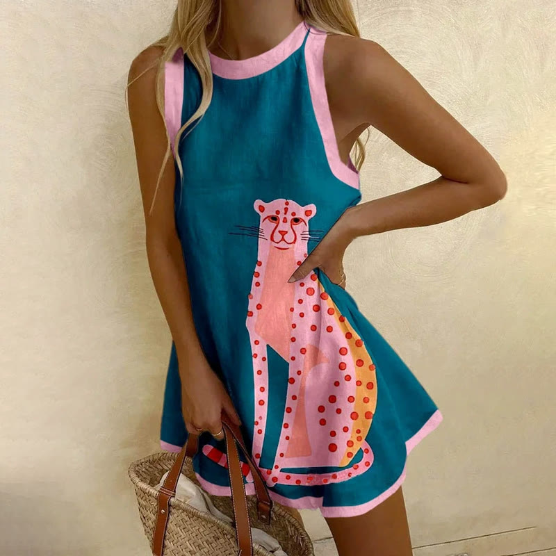 Vacation Color-block Leopard Print Sleeveless Round-neck Dress - Blue - 3XL - image 1