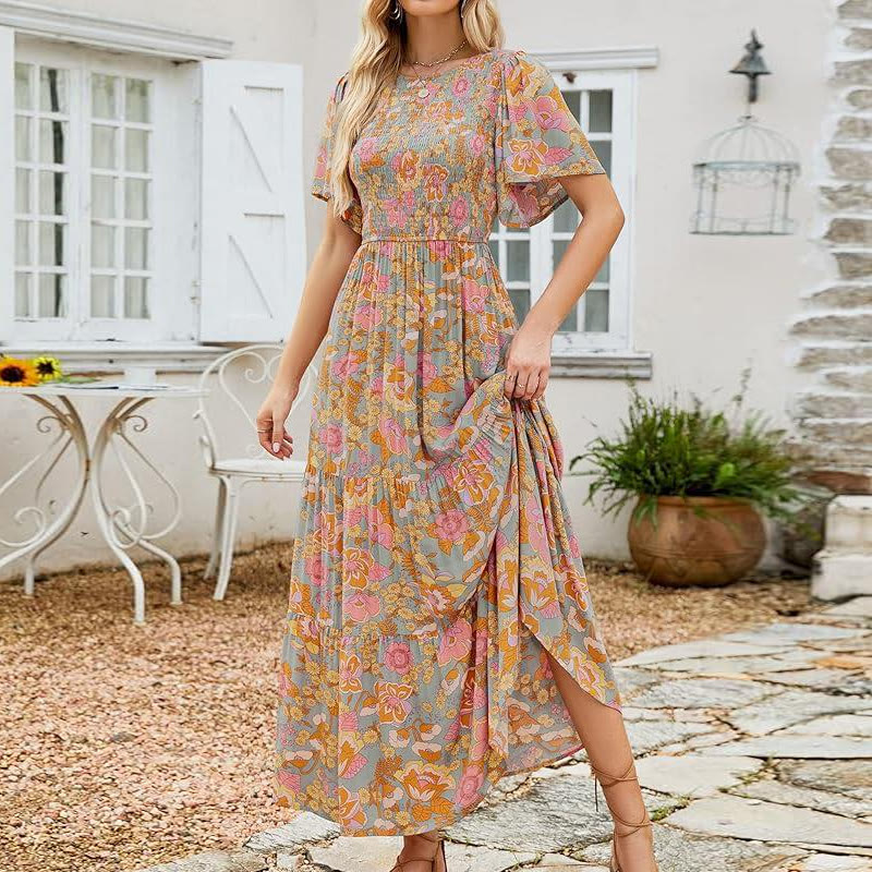 Boho Pastoral Floral Print Short-sleeve Round-neck Maxi Dress - Orange - 3XL - image 1