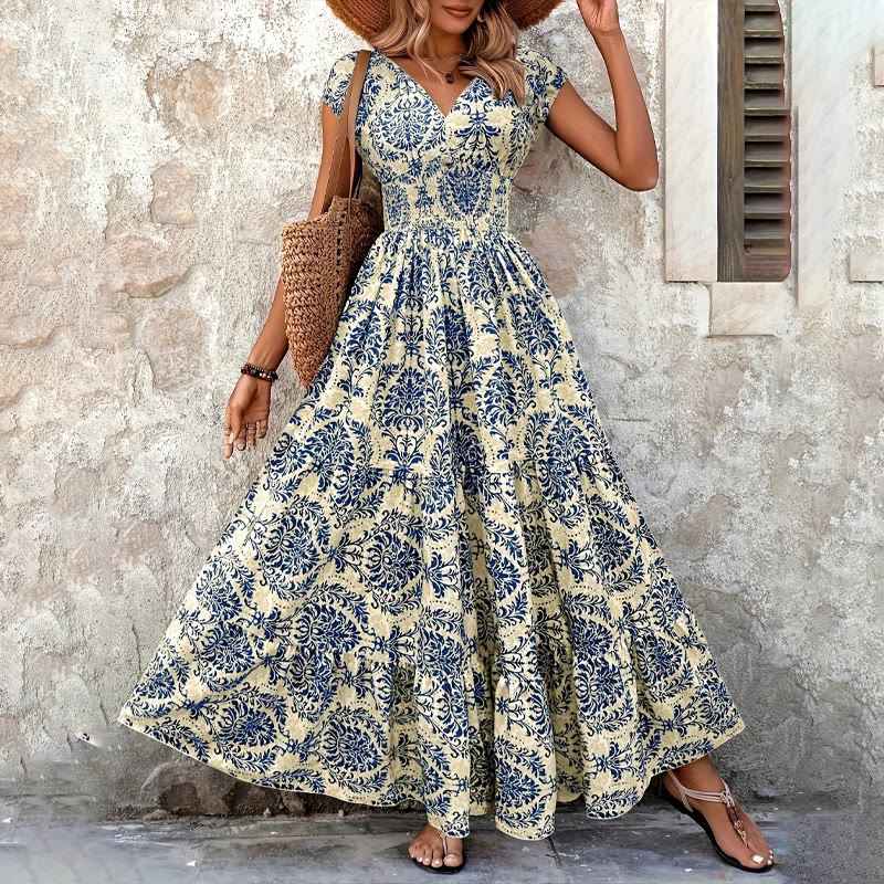Boho Elegant Ethnic Print V-neck Cap Sleeve Maxi Dress - Light Blue - 3XL - image 1