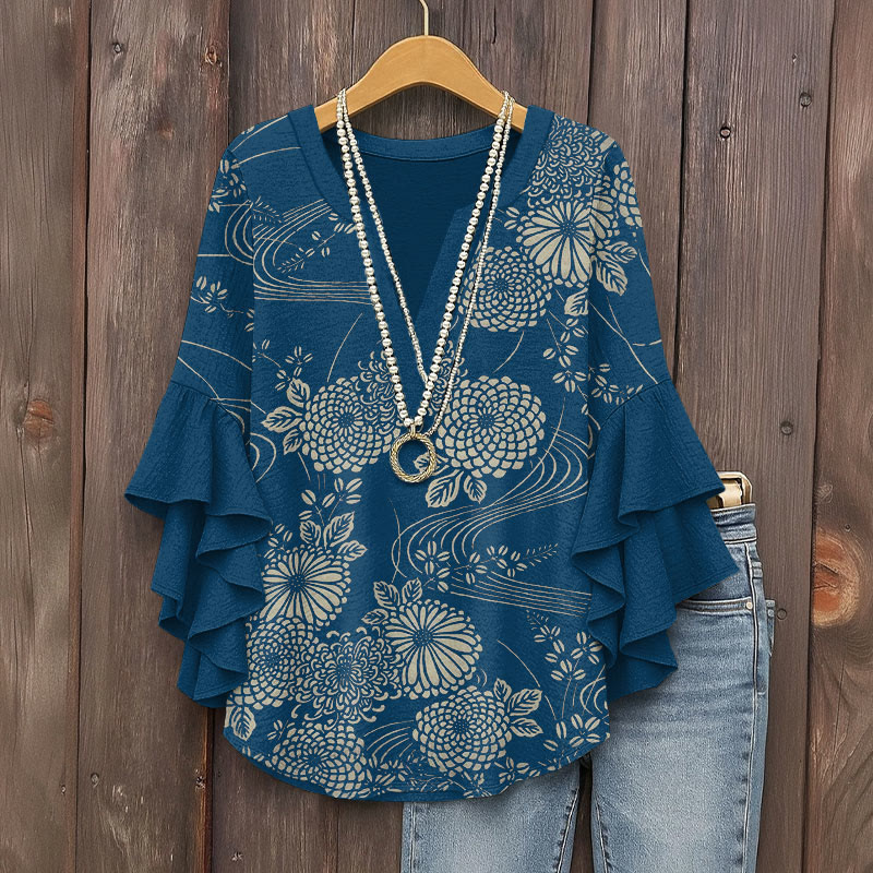 Japanese Chrysanthemum Traditional Indigo-dyed Pattern Print V-neck Half Sleeve Blouse - Blue - 5XL - image 1
