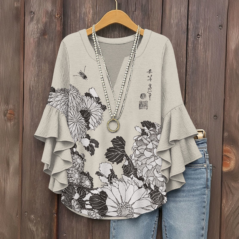 Japanese Classical Chrysanthemum Kimono Pattern Print V-neck Half Sleeve Blouse - Apricot - 5XL - image 1
