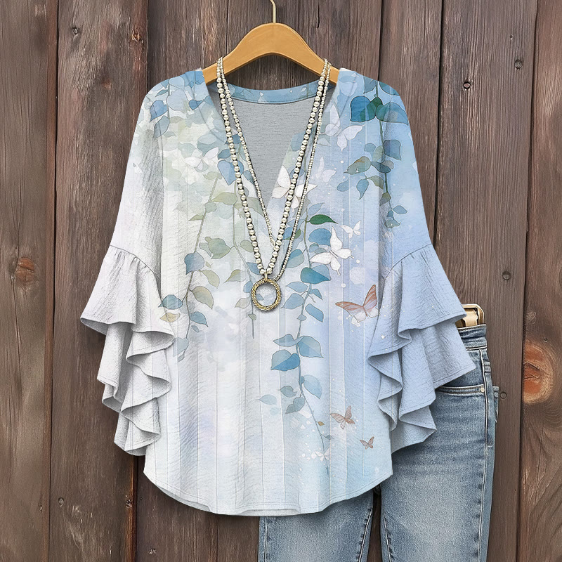Elegant Floral Print V-neck Half Sleeve Blouse - Blue - 5XL - image 1