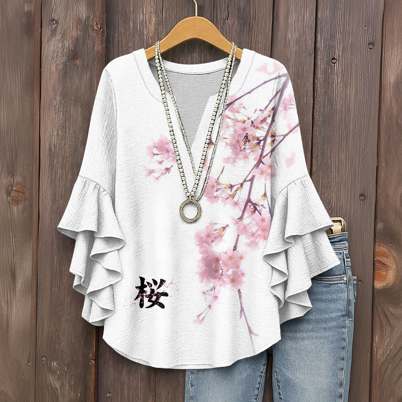 Japanese Cherry Blossoms Print V-neck Half Sleeve Blouse - White - 5XL - image 1