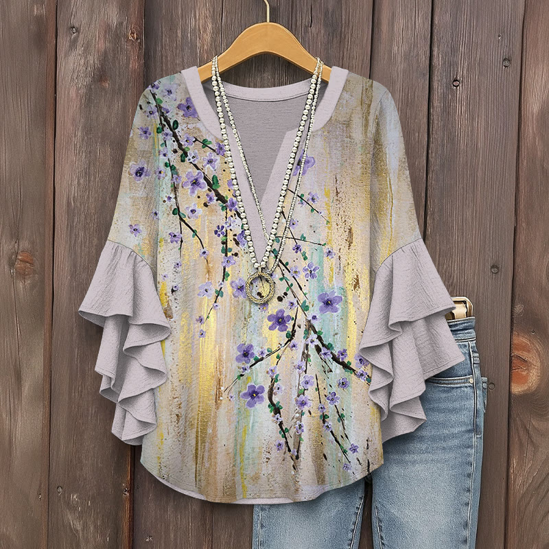 Artistic Purple Floral Print V-neck Half Sleeve Blouse - Purple - 5XL - image 1