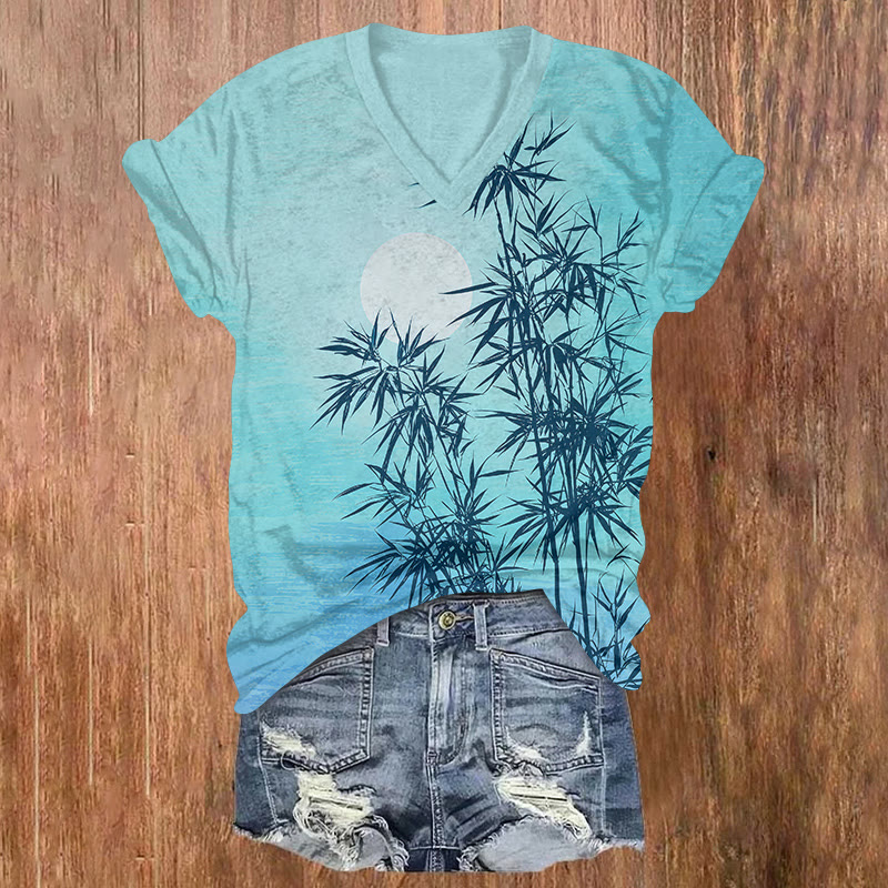 Artistic Bamboo Print Short Sleeved V-neck T-shirt - Blue - US32-34(5XL) - image 1