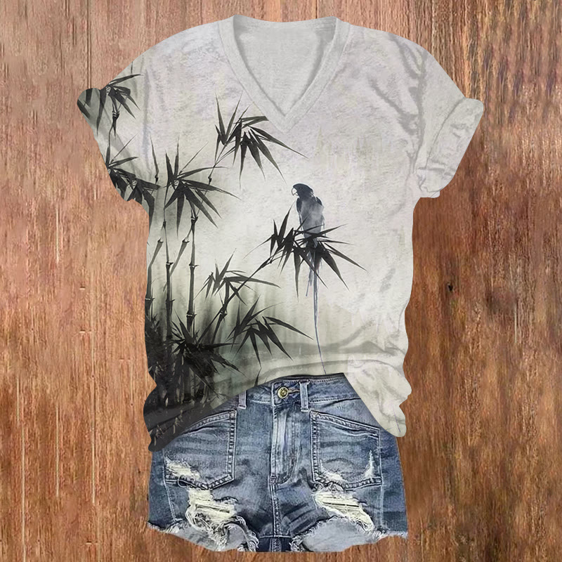 Ink-Style Bamboo and Bird Print Short Sleeved V-neck T-shirt - Grey - US32-34(5XL) - image 1