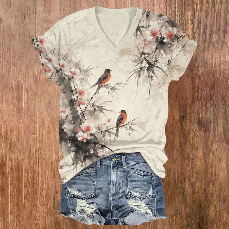 Oriental-Inspired Floral & Bird Print Short Sleeved V-Neck T-Shirt - Beige - US32-34(5XL) - image 1