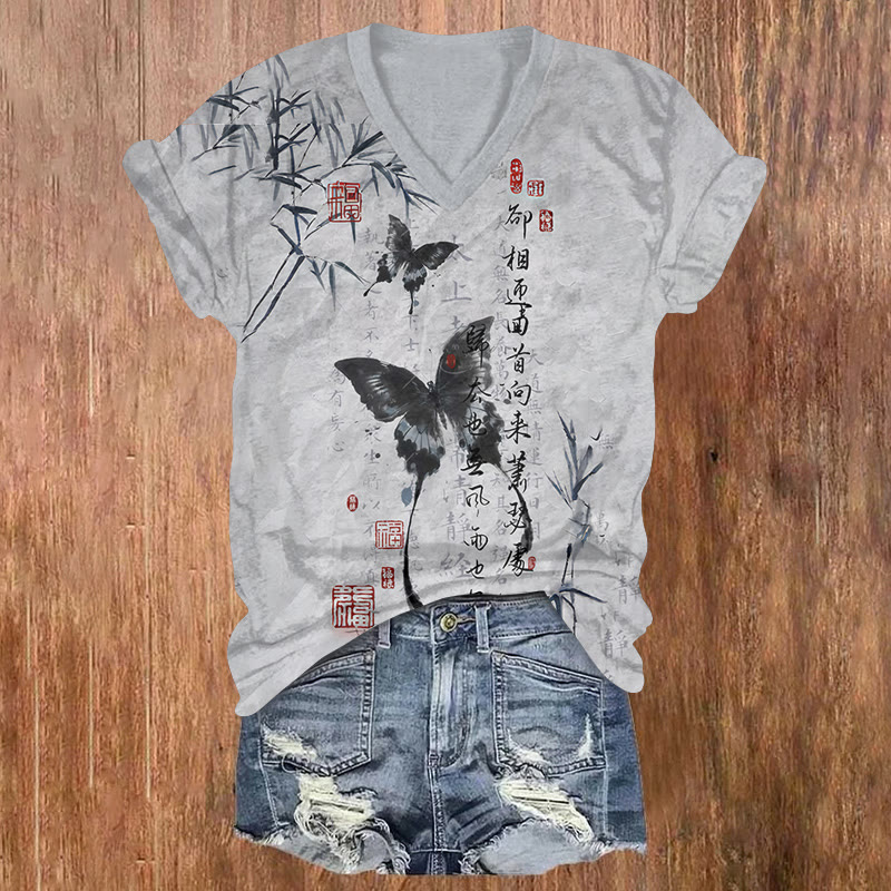Vintage Asian Style Print Short Sleeved V-Neck T-Shirt - Grey - US32-34(5XL) - image 1