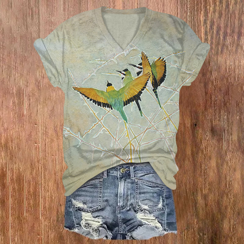 Branches and Birds Print Short Sleeved V-neck T-shirt - Grey - US32-34(5XL) - image 1
