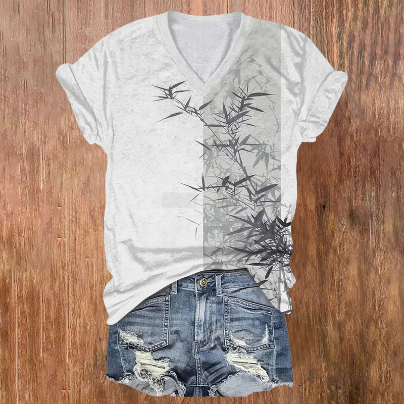 Japanese Art Bamboo Print Short Sleeved V-neck T-shirt - Grey - US32-34(5XL) - image 1