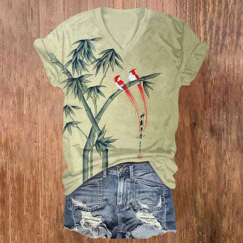 Vintage Bamboo Bird Casual Print Short Sleeved V-neck T-shirt - Green - US32-34(5XL) - image 1