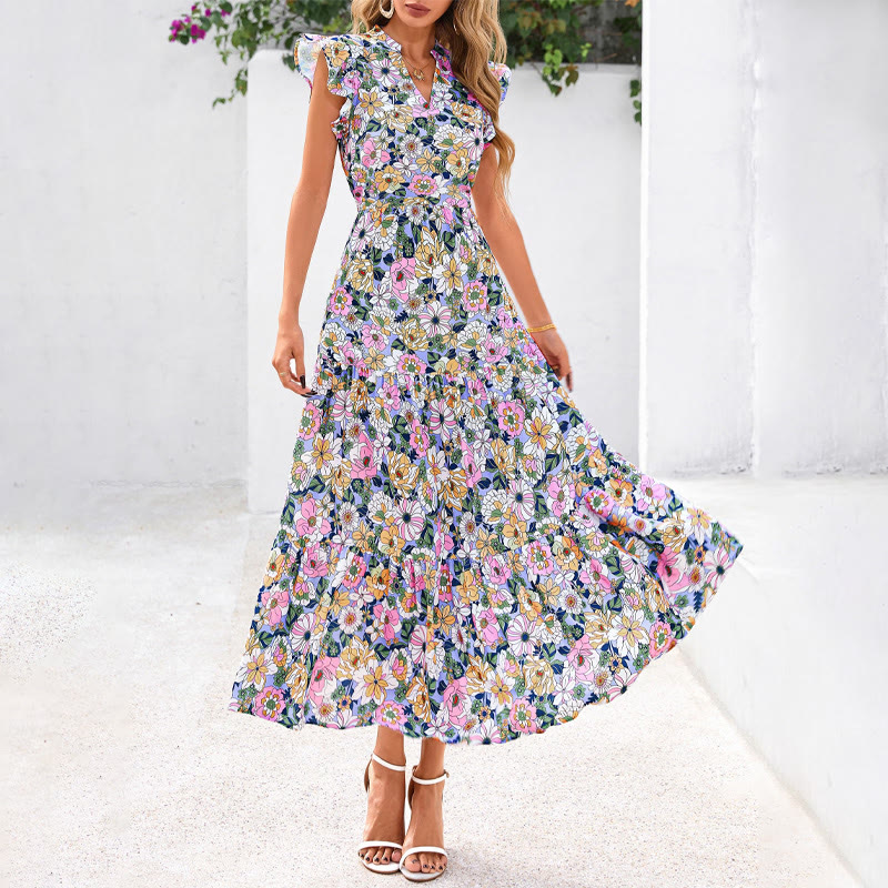 Hippie Vacation Wildflower Print V-neck Ruffle Sleeves Maxi Dress - Light Purple - XXL - image 1