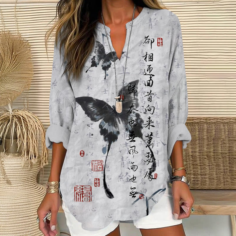 Vintage Ink Calligraphy Butterfly Pattern Print V Neck Long Sleeve Blouse - Grey - 8XL - image 1
