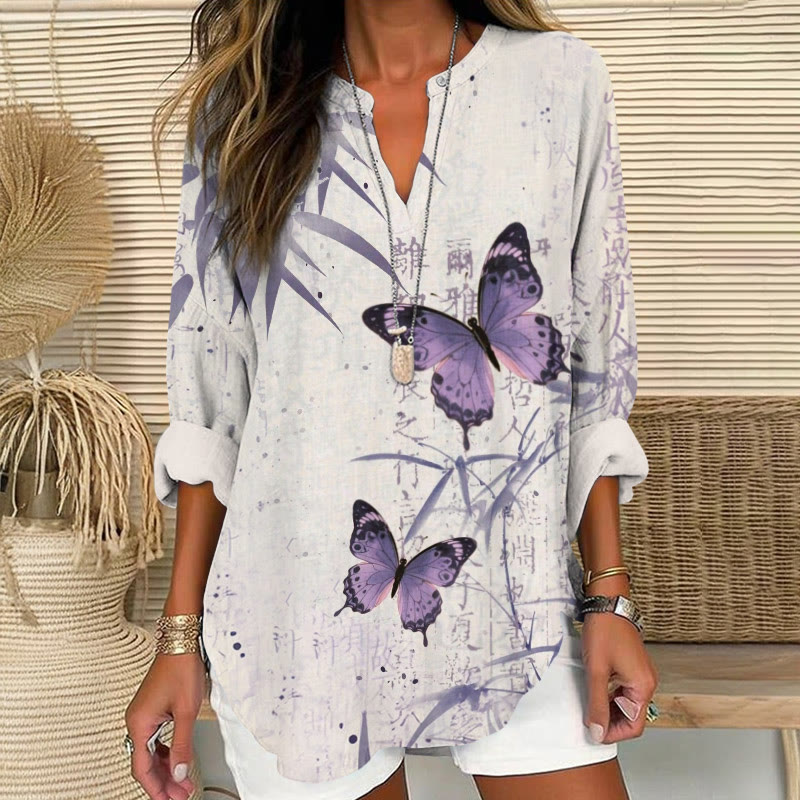Vintage  Bamboo Calligraphy And Butterflies Pattern Print V Neck Long Sleeve Blouse - Purple - 8XL - image 1