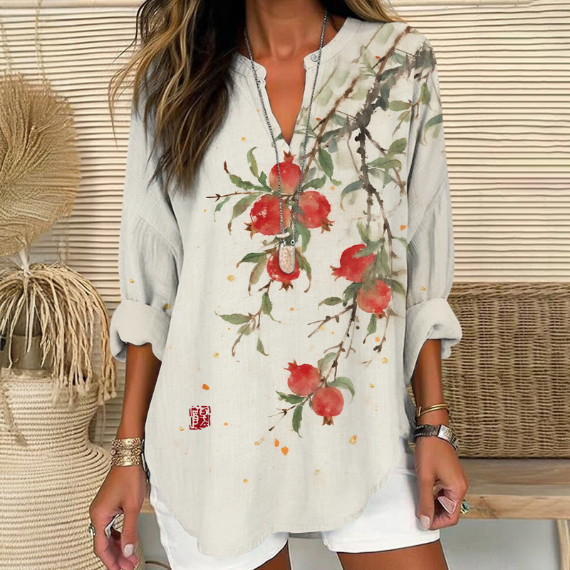 Vintage Watercolor Pomegranate Blossoms Pattern Print V Neck Long Sleeve Blouse - Apricot - 8XL - image 1