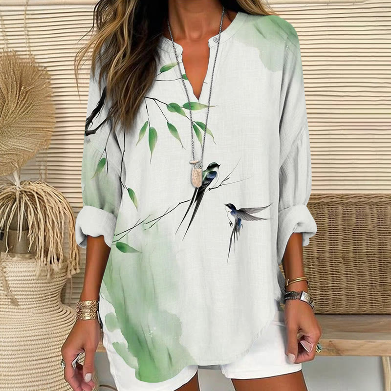 Vintage Watercolor Spring Swallows Pattern Print V Neck Long Sleeve Blouse - Light Green - 8XL - image 1