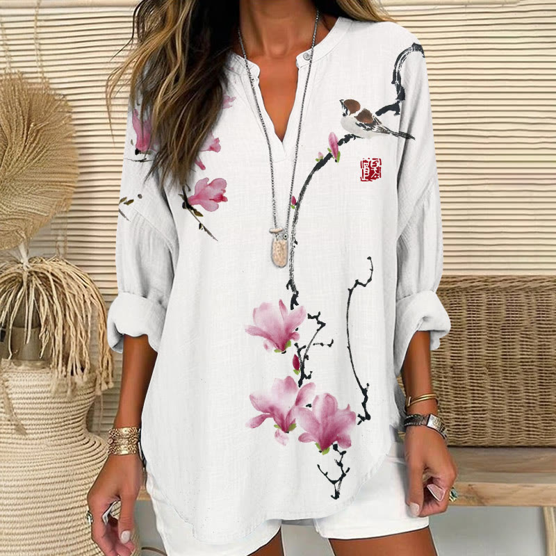 Vintage Watercolor Magnolias And Bird Pattern Print V Neck Long Sleeve Blouse - White - 8XL - image 1