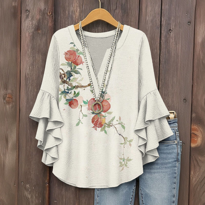 Vintage Watercolor Pomegranates Pattern Print V-neck Half Sleeve Blouse - Apricot - 5XL - image 1