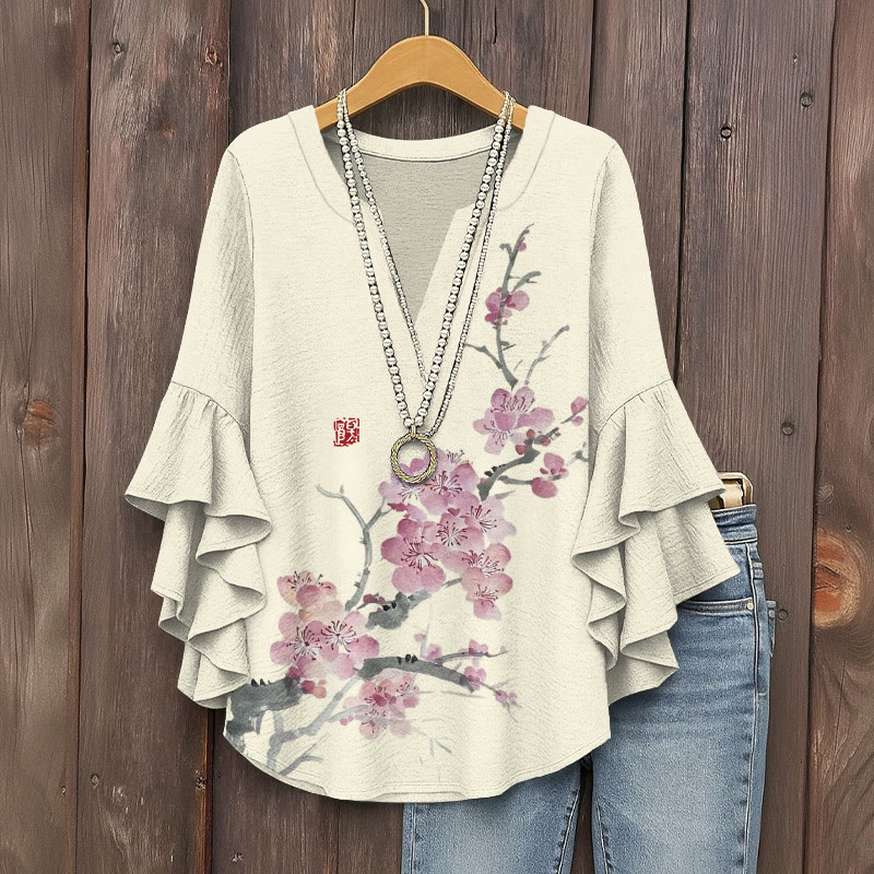 Vintage A Sprig Of Cherry Blossoms Pattern Print V-neck Half Sleeve Blouse - Apricot - 5XL - image 1