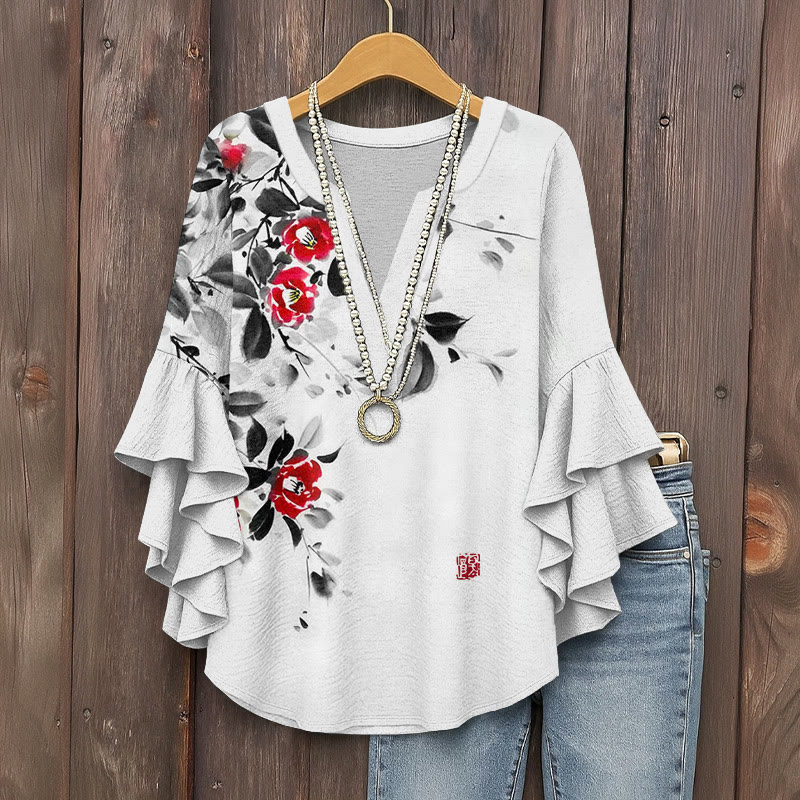 Vintage Ink-and-wash Elegant Camellia Pattern Print V-neck Half Sleeve Blouse - White - 5XL - image 1