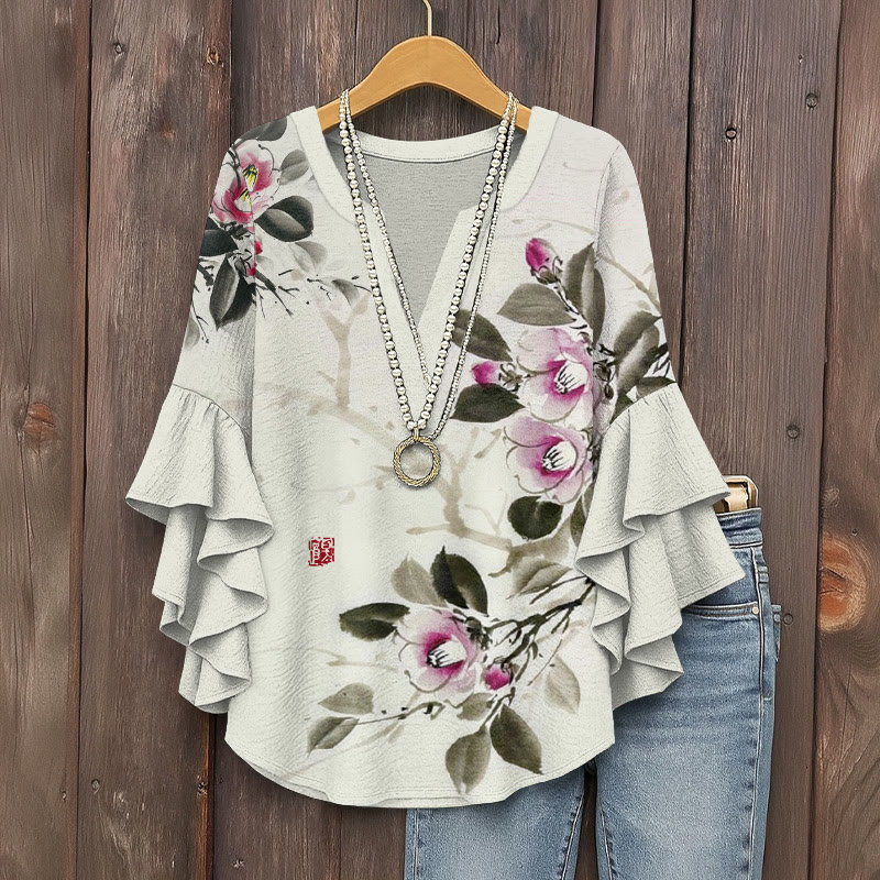 Vintage Ink-and-wash Languid Camellia Pattern Print V-neck Half Sleeve Blouse - Apricot - 5XL - image 1