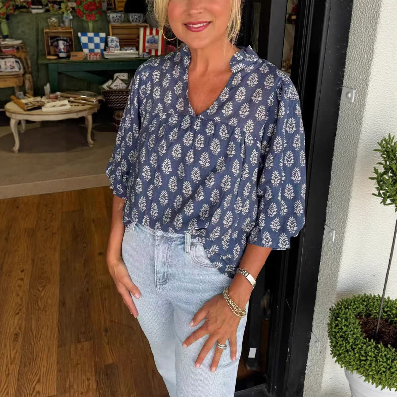 Boho Elegant Ethnic Print Ruffled V-neck 3/4-sleeve Shirt - Blue - US20-22(2XL) - image 1