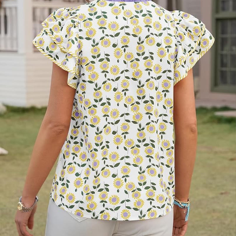 Pastoral Floral Print V-neck Ruffled-sleeve Babydoll Top - image 2