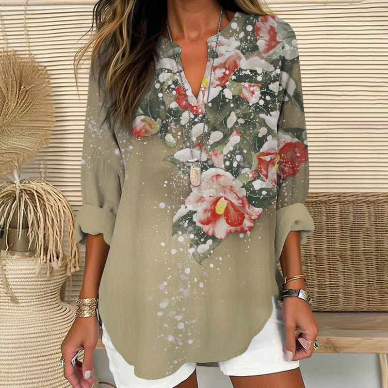 Vintage Janpanese  Winter Snow And Flowers Pattern Print V Neck Long Sleeve Blouse - Khaki - 8XL - image 1