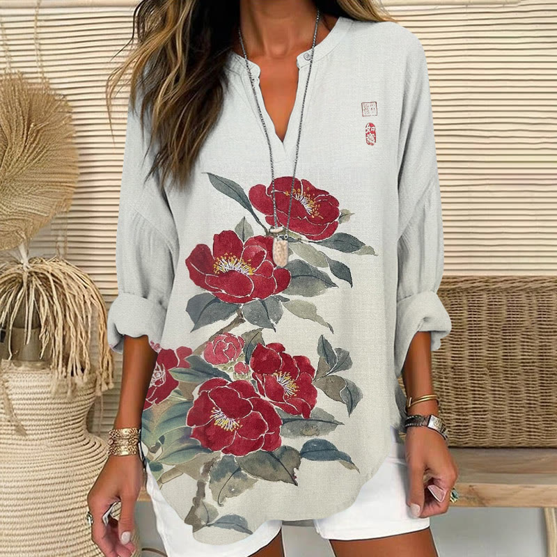 Vintage Camellia Ink Wash Pattern Print V Neck Long Sleeve Blouse - Apricot - 8XL - image 1