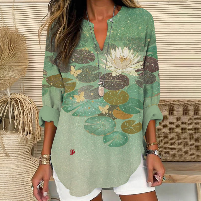 Vintage Lotus and Butterflies Pattern Print V Neck Long Sleeve Blouse - Apricot - 8XL - image 1