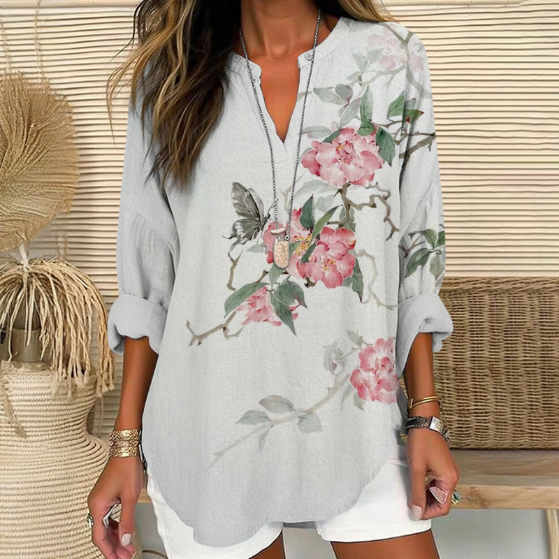 Vintage  Ink-style Flowers And Butterflies Pattern Print V Neck Long Sleeve Blouse - Grey - 8XL - image 1