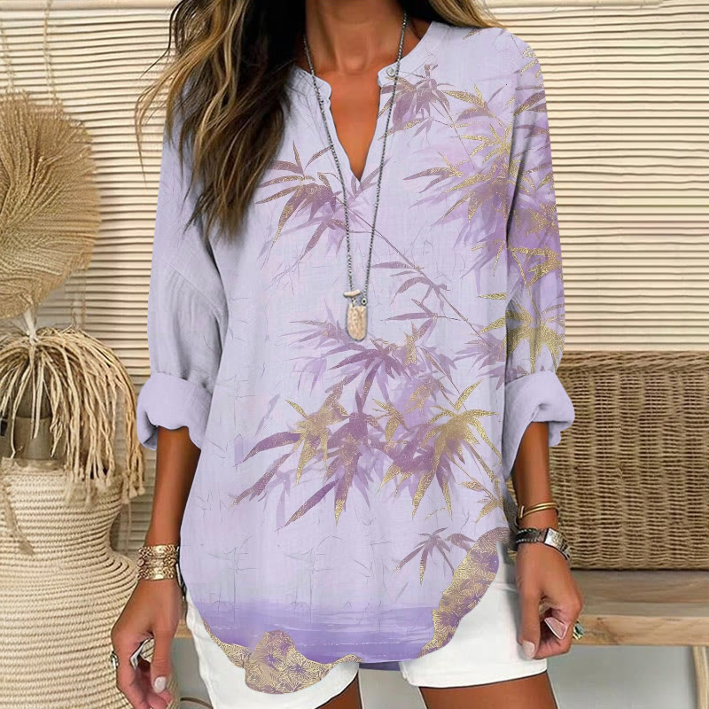 Vintage   Gold Leaf Bamboo Pattern Print V Neck Long Sleeve Blouse - Purple - 8XL - image 1