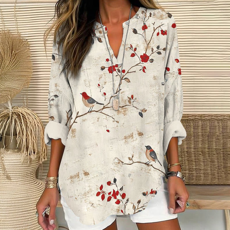 Vintage Spring Flowers And Birds Pattern Print V Neck Long Sleeve Blouse - Apricot - 8XL - image 1