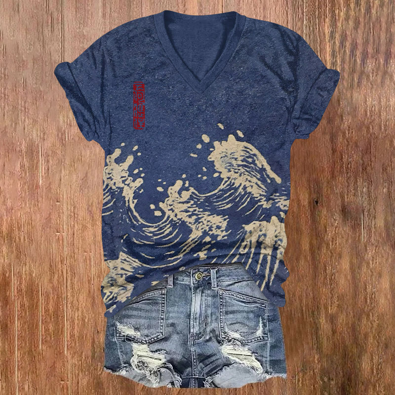 Japanese Retro Seawave Pattern Print Short Sleeved V-neck T-shirt - Blue - US32-34(5XL) - image 1