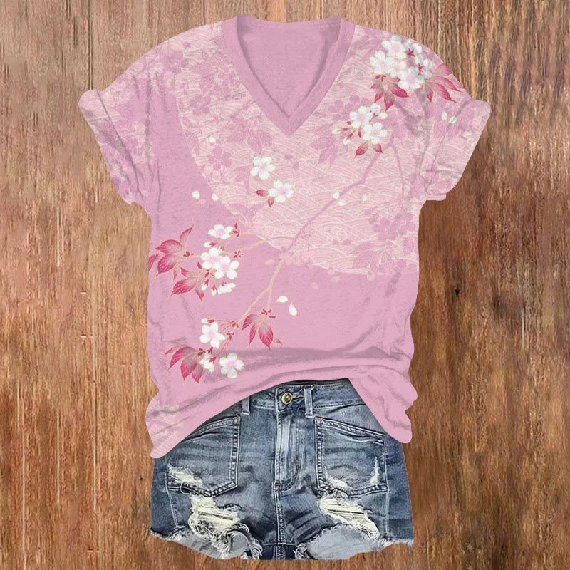 Japanese Cherry Blossoms And Silhouettes Pattern Print Short Sleeved V-neck T-shirt - Pink - US32-34(5XL) - image 1