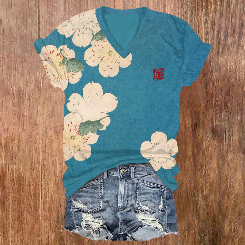 Japanese Vintage Cherry Blossoms Pattern Print Short Sleeved V-neck T-shirt - Blue - US32-34(5XL) - image 1