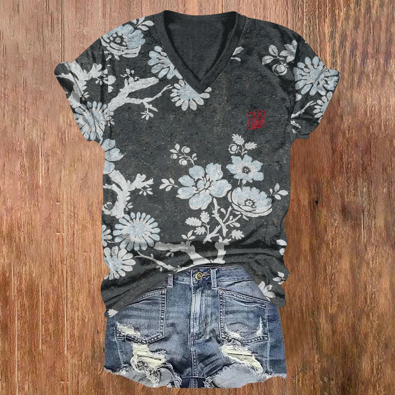Japanese Vintage  Floral Woodblock Prints Pattern Print Short Sleeved V-neck T-shirt - Black - US32-34(5XL) - image 1