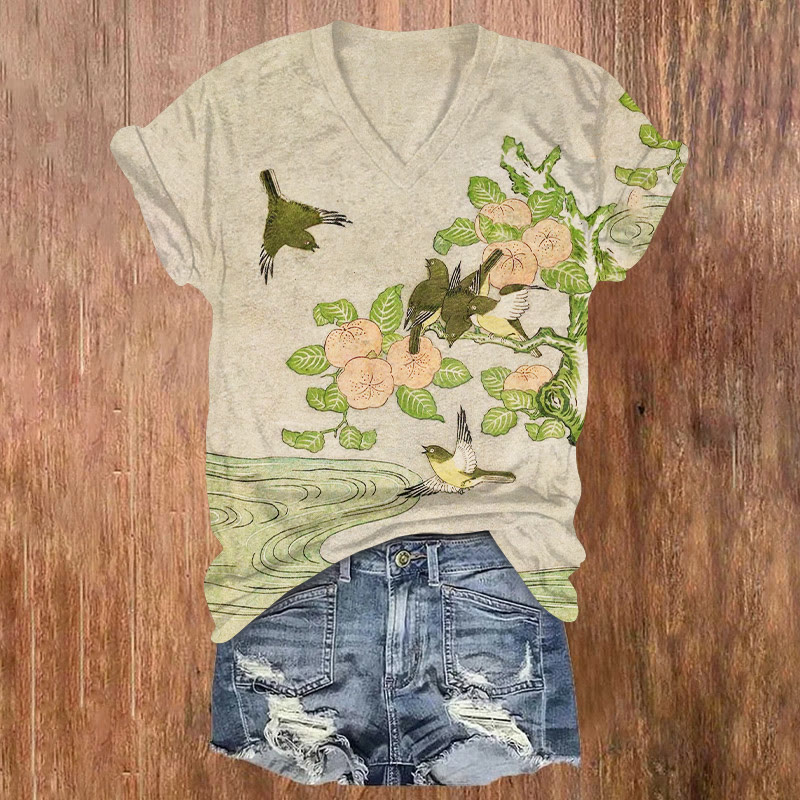 Japanese Vintage Ukiyo-e Fruit Tree And Bird Pattern Print Short Sleeved V-neck T-shirt - Apricot - US32-34(5XL) - image 1