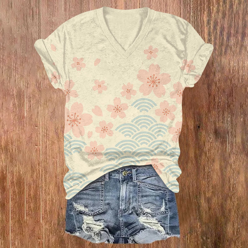 Japanese Traditional Cherry Blossom And Water Ripple Pattern Print Short Sleeved V-neck T-shirt - Yellow - US32-34(5XL) - image 1