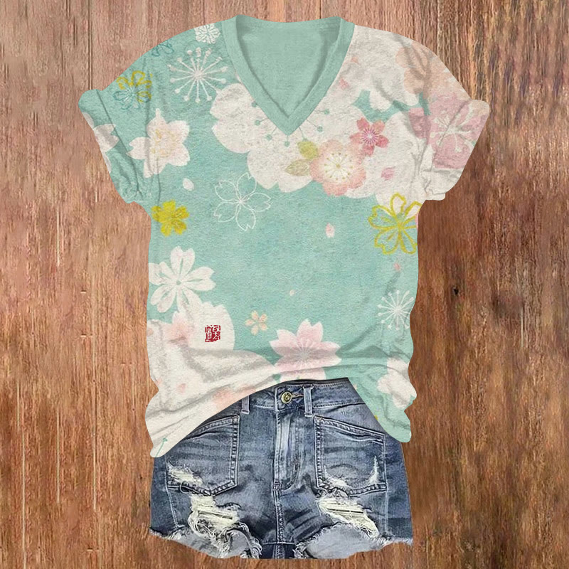 Japanese Cherry Blossom Kimono Pattern Print Short Sleeved V-neck T-shirt - Light Green - US32-34(5XL) - image 1