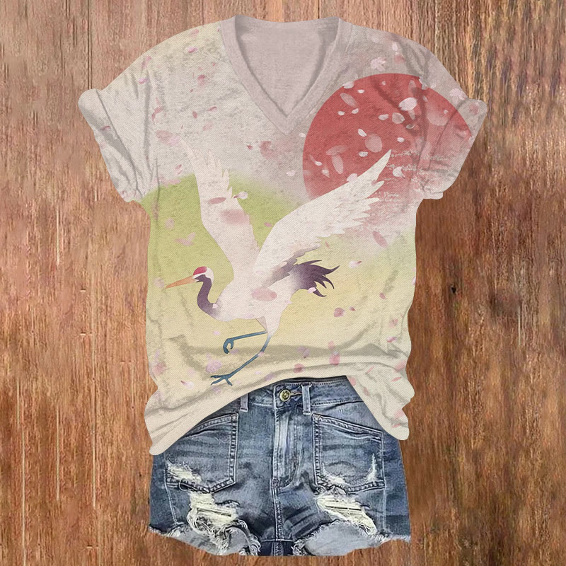 Japanese Vintage Cranes And Falling Cherry Blossoms Pattern Print Short Sleeved V-neck T-shirt - image 1