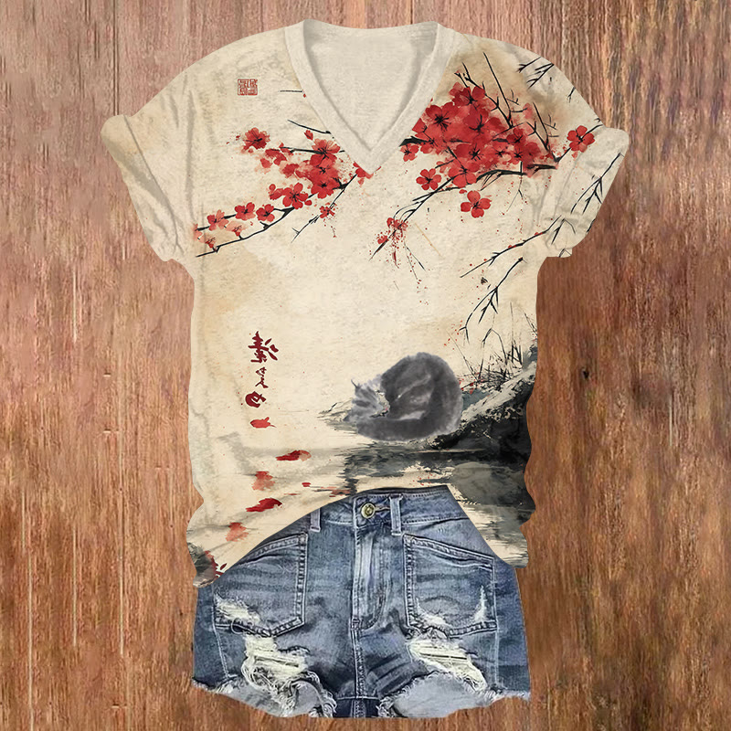 Ink-and-wash Painting Of A Cat Amidst Plum Blossoms Printed Short Sleeved V-neck T-shirt - Light Gray - US32-34(5XL) - image 1