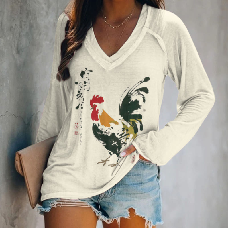 Japanese Art Rooster Print V-neck Long Sleeve T-shirt - Apricot - 5XL - image 1
