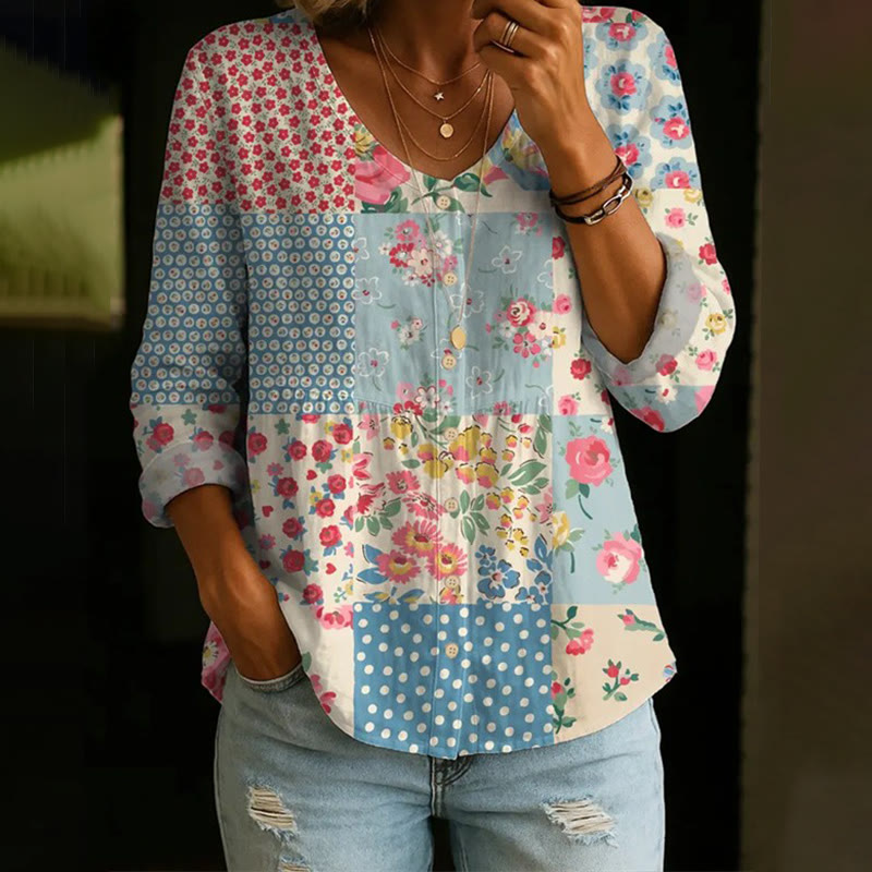 Pastoral Romantic Floral Patchwork Print Button V-neck A-line Long Sleeve Blouse - Multicolor - 4XL - image 1
