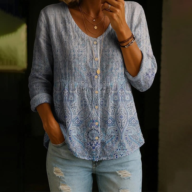 Boho Ethnic Paisley Gradient Print Button V-neck A-line Long Sleeve Blouse - Blue - 4XL - image 1