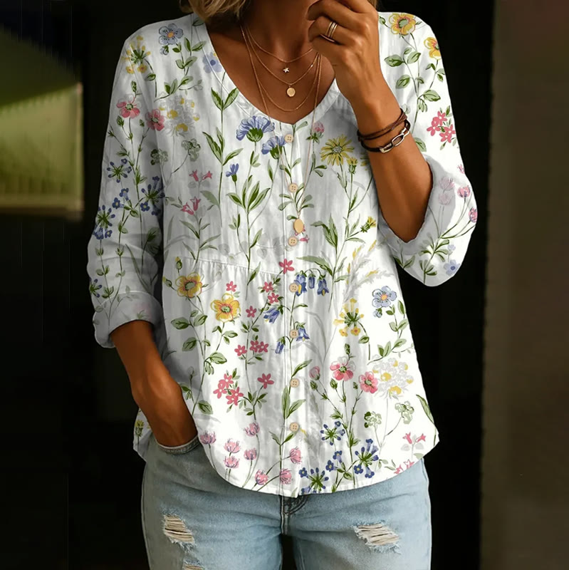 Pastoral Watercolor Flowers And Plants Print Button V-neck A-line Long Sleeve Blouse - White - 4XL - image 1