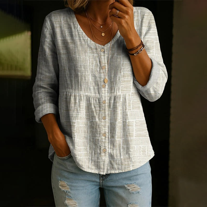 Minimalist Geometric Stripes Print Button V-neck A-line Long Sleeve Blouse - Apricot - 4XL - image 1