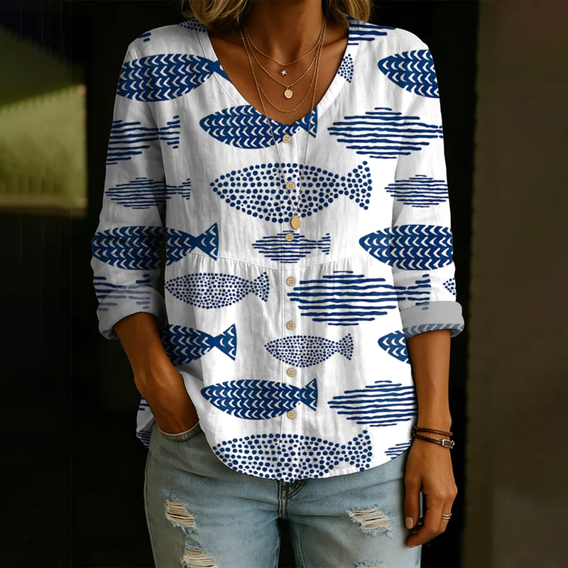 Minimalist Geometric Fish Print Button V-neck A-line Long Sleeve Blouse - White - 4XL - image 1